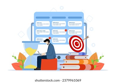 Time management concept of schedule, deadline, planner, planning and organization, man organizes workflow and makes daily to-do list, marking dates or tasks on calendar, time management scene.