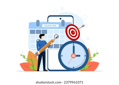Time management concept of schedule, deadline, planner, planning and organization, man organizes workflow and makes daily to-do list, marking dates or tasks on calendar, time management scene.