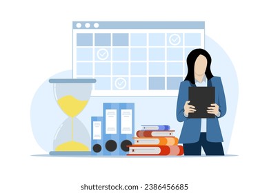 time management concept of schedule, deadline, planner, planning and organizing, scheduling appointments in calendar, marking tasks in list and organizing office workflow. flat vector illustration.