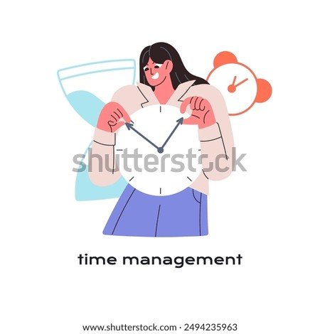 Time management concept. Self organization, discipline, efficient abilities. Worker with soft skills to planning. Employee appoints deadline with watch. Flat isolated vector illustration on white