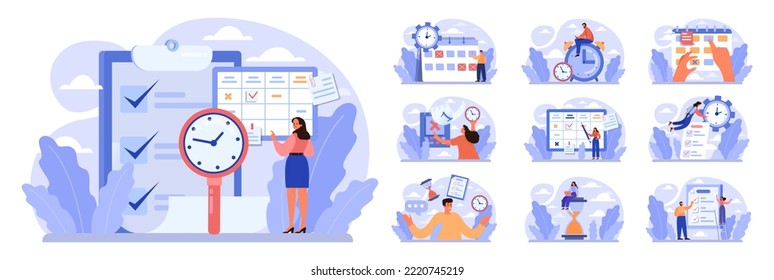 Time management concept set. Business people work day planning, deadlines managing. Idea of schedule and organization. Productive day and work optimization. Flat vector illustration