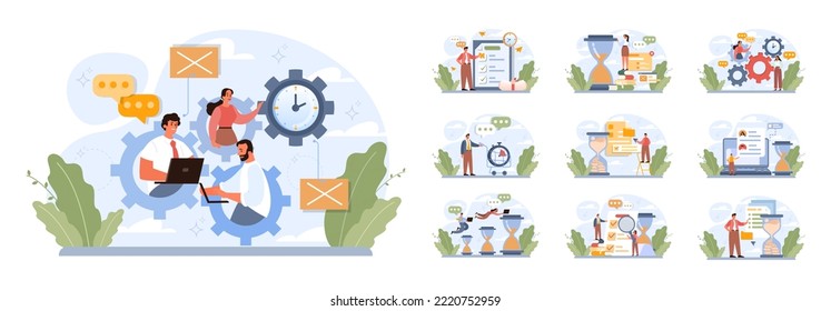 Time management concept set. Business people work day planning, deadlines managing. Idea of schedule and organization. Productive day and work optimization. Flat vector illustration - Shutterstock ID 2220752959