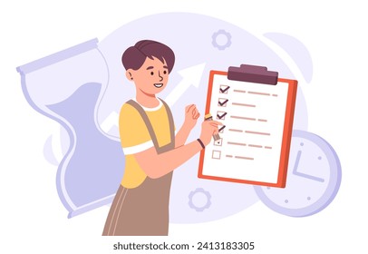 Time management concept. Setting goals and deadlines. Organization of effective work and educational process. Woman with to do list and notepad. Young girl planning. Cartoon flat vector illustration