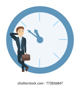 Time management concept. Smiling man standing near time face.
