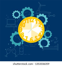 Time management concept. Time spent to increase efficiency metaphor. Choices of using time. Symbols of daily specific activities. Vector illustration concept outline flat design style.