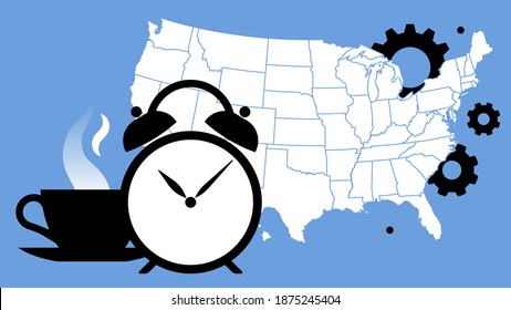 Time management concept. United States map, gears and coffee cup. The concept of working in multiple time zones. American business in all states.