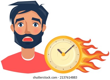 Time management concept. Upset man portrait near burning clock. Scared guy before deadline. Man is afraid of late work. Shocked face expression of adult person. Clock with fire as symbol of deadline