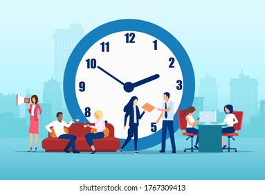 Time management concept. Vector of business people teamworking in company office on a cityskape and clock background 