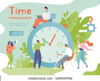 Time management concept vector illustration. Cartoon flat tiny people control work time avoiding deadline, busy man woman characters with big alarm clock. Business planning and task optimization