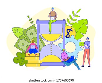 Time management concept, vector illustration. Business people woman man rationally use work hours for professional success. Characters sitt at large hourglass, time management technology.