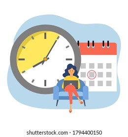 Time management concept vector illustration on white background. Woman working with laptop with big clock and calendar on background in flat design.