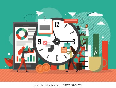 Time management concept vector illustration. Clock, business schedule, project deadline. Team works overtime. Workflow organization. Effective work scheduling