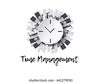 Time management concept vector illustration. White circle, city landscape and traditional watch. -stock vector