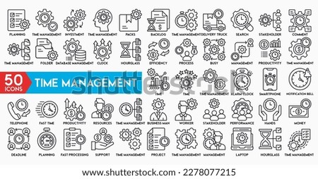 time management concept vector illustration with icons Timer, Alarm and Smartwatch. Time management, 24 hour clock, deadline alarm icons. Sand hourglass, calendar and digital smartwatch, timer stopwat