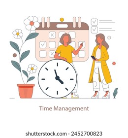 Concepto de gestión del tiempo. Una ilustración vibrante que retrata la importancia de planificar y administrar el tiempo, con personajes con un reloj y un calendario. Estrategia y eficiencia en la productividad.