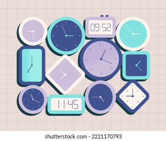 Time management concept. Watch, digital clock in various geometric shapes showing different time. Business planning, productivity. Isolated vector illustration