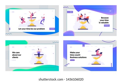 Time Management Concept Website Landing Page Set, Procrastination, Multitasking, Working Productivity Infographics. Business People and Hourglass Web Page. Cartoon Flat Vector Illustration, Banner