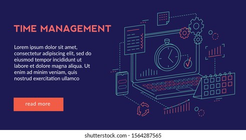 Time Management Concept  For Website Web Page, Presentation, Banner   . Vector Illustration, Futuristic Design, Isometric 3d, 