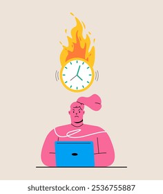 Time management  concept. Woman focused on work deadline. Colorful vector illustration
