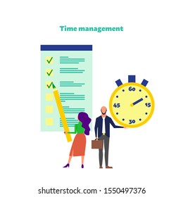 Time management concept. Woman holds big pencil standing near big to do list and man holds big stopwatch. Time management text. Flat style stock vector. Isolated on white.