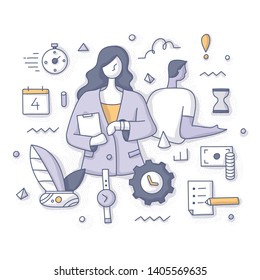 Time management concept. Woman looking at wrist watch. People controlling and organizing work time. Doodle vector spot concept for website, applications or printed materials