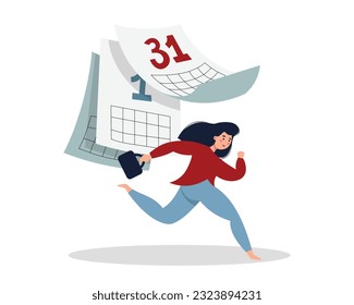 Time management concept. Woman organizes work schedule. Character create to do list. Girl run against background of tear off calendar. Flat vector illustration in blue and red colors