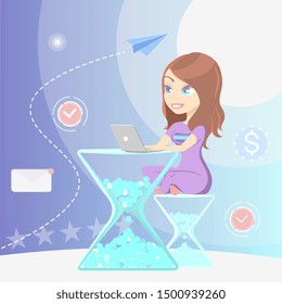 Time Management Concept With Woman Sitting Working On A Laptop Computer On An Hourglass Or Egg Timer For The Table And Stool, Vector Cartoon Illustration