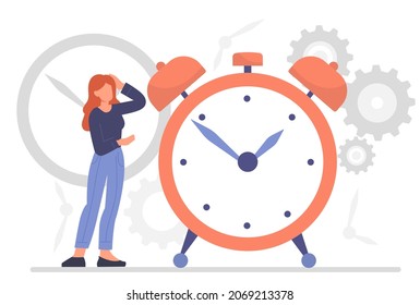 Time management concept. Woman stands next to large clock and plans her work schedule. Confused female character does not have time to complete project by deadline. Cartoon flat vector illustration