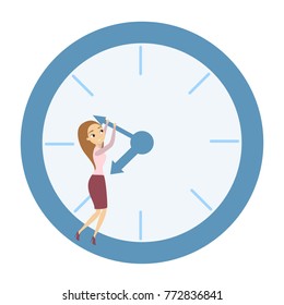 Time management concept. Woman trying to delay time.