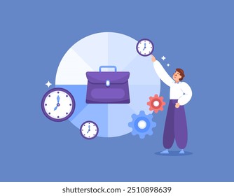 Concepto de gestión del tiempo para el trabajo. Organizar y dividir el tiempo para trabajar a tiempo parcial. Ilustración de un trabajador masculino que administra u organiza el tiempo para ser productivo. Planificación y trabajos. Elemento de diseño de estilo plano.