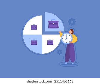 time management concept for work. organize and divide time to work part time. illustration of a male worker managing or arranging time to be productive. planning and jobs. flat style design. element