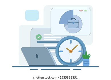 conceito de gerenciamento de tempo para o trabalho. organização e divisão do tempo para trabalho de meio período. gerenciamento ou organização do tempo para ser produtivo. planejamento e trabalho. ilustração de vetor plana.