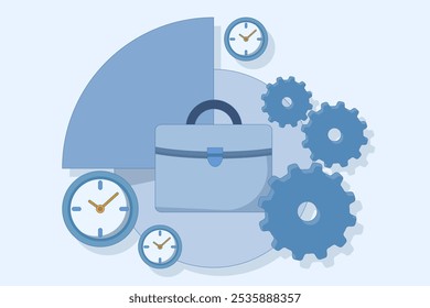 conceito de gerenciamento de tempo para o trabalho. organização e divisão do tempo para trabalho de meio período. gerenciamento ou organização do tempo para ser produtivo. planejamento e trabalho. ilustração de vetor plana.