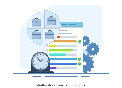 time management concept for work. organizing and dividing time for part time work. managing or organizing time to be productive. planning and work. flat vector illustration.