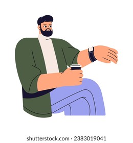 Time management concept. Worker on coffee break looking on watch, planning work clock. Freelancer sitting, hold drink cup. Efficient, productivity lifestyle. Flat isolated vector illustration on white