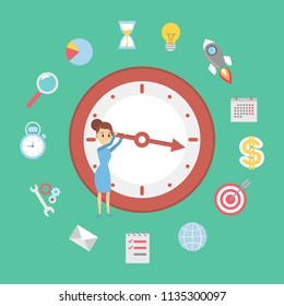 Time management concept. Young beautiful business woman planning her day. Making a schedule to improve productivity. Flat vector illustration