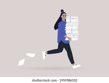 Time management concept, a young female Asian character running with a huge pile of documents, office life, deadlines