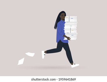 Time management concept, a young female Black character running with a huge pile of documents, office life, deadlines
