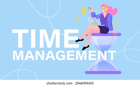 Time management concept. Young freelancer woman sitting on a big sand watch and trying to finish project on time. deadline concept Cartoon style flat vector illustration. Isolated on blue background.