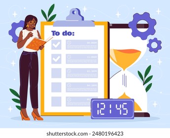 Time management concept. Young girl near to do list with hourglass. Planning and scheduling. Hardworking businesswoman or employee with tasks and goals. Cartoon flat vector illustration