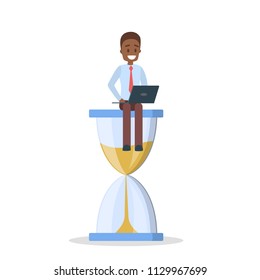Time management concept. Young handsome businessman planning his day successfully . Making a schedule to improve productivity. Isolated flat vector illustration