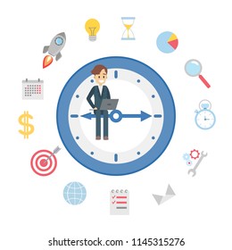 Time management concept. Young handsome businessman planning his day. Making a schedule to improve productivity. Flat vector illustration