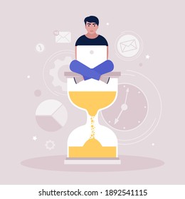 Time management concept. Young man sitting on an hourglass and working on laptop. Vector illustration in a flat style