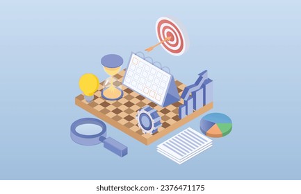 Time Management Concept.calendar to make a plan and managing time for organization of working process.on blue background.3D design.isometric vector design Illustration.