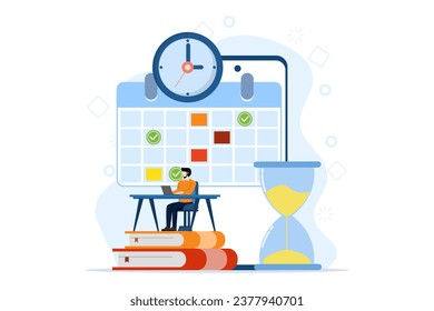 Conceptos de gestión del tiempo relativos a horarios, plazos, planificadores, planificación y organización, disciplina del tiempo, gestión del tiempo en los negocios. planificación del tiempo efectiva. ilustración vectorial plana.