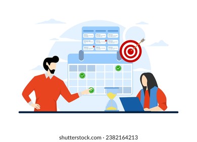 Conceptos de gestión del tiempo relativos a horarios, plazos, planificadores, planificación y organización, programación de citas en un calendario, marcación de tareas en una lista y organización del flujo de trabajo de la oficina.