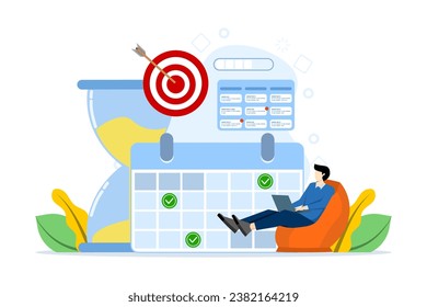 Conceptos de gestión del tiempo relativos a horarios, plazos, planificadores, planificación y organización, programación de citas en un calendario, marcación de tareas en una lista y organización del flujo de trabajo de la oficina.