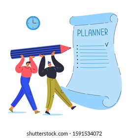 Time management concept.Tiny young men carry big pencil to write in daily planner.Cartoon characters isolated on white background.Flat color vector illustration.Organize your time, project schedule 