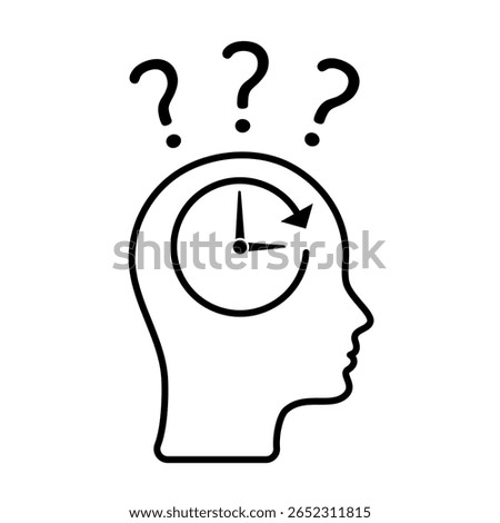 Time management confusion concept. Human head with clock and question marks. Symbol of mental overload, memory problems, decision fatigue, icon for psychology, health, planning topics. Editable Stroke