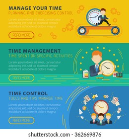 Time management and control 3 flat horizontal interactive banners set for more information isolated vector illustration